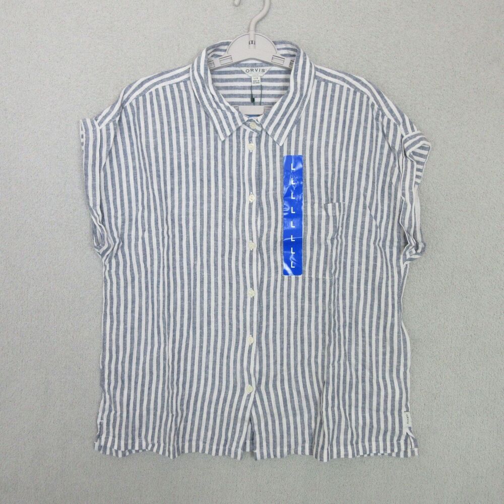 Orvis Shirt Womens L Striped Linen Blend Short Sleeve Button Front Blue Collared